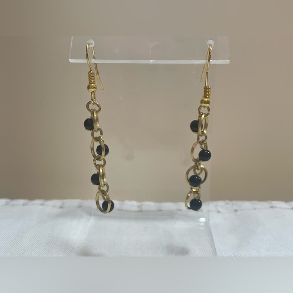 Golden circle black onyx bead center dangle drop ear wires by LaWanna Molsbee - Picture 2 of 4